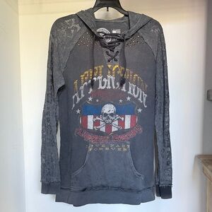 Affliction Charcoal Graphic Hoodie with Lace Detail